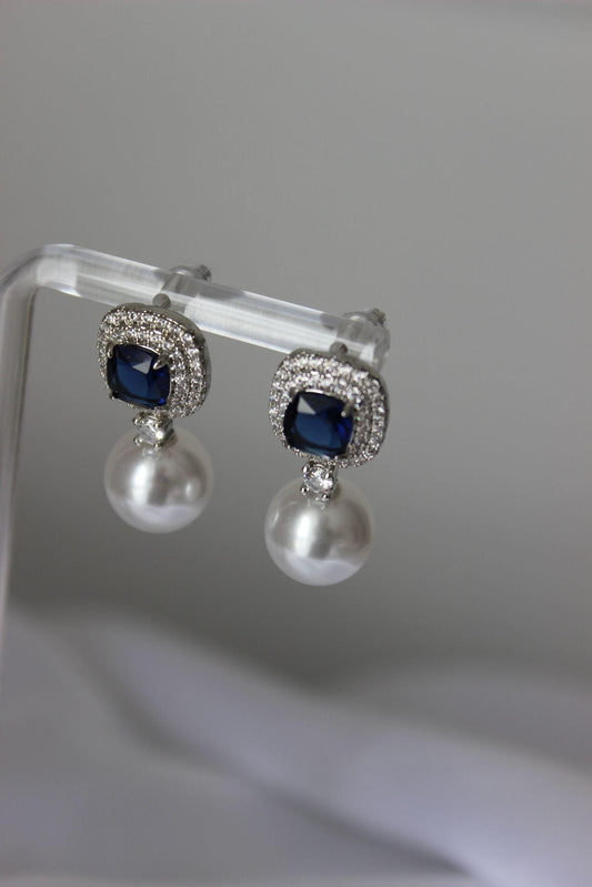 "ZARA" Pearl Drop Blue & Silver Earrings