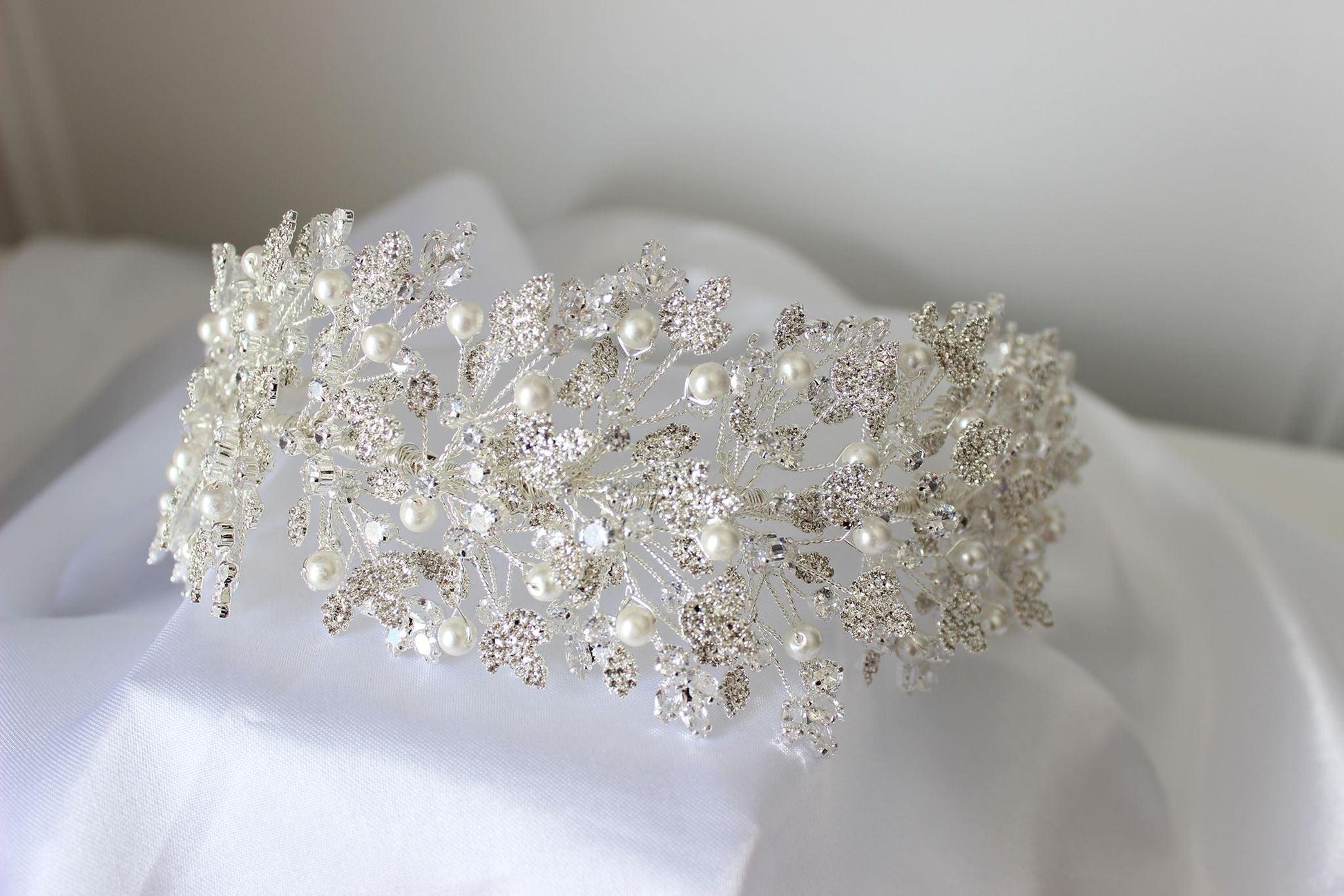 "LUNA" Silver Crystal & Pearl Bridal Headpiece