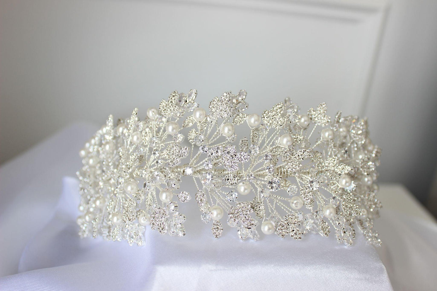 "LUNA" Silver Crystal & Pearl Bridal Headpiece