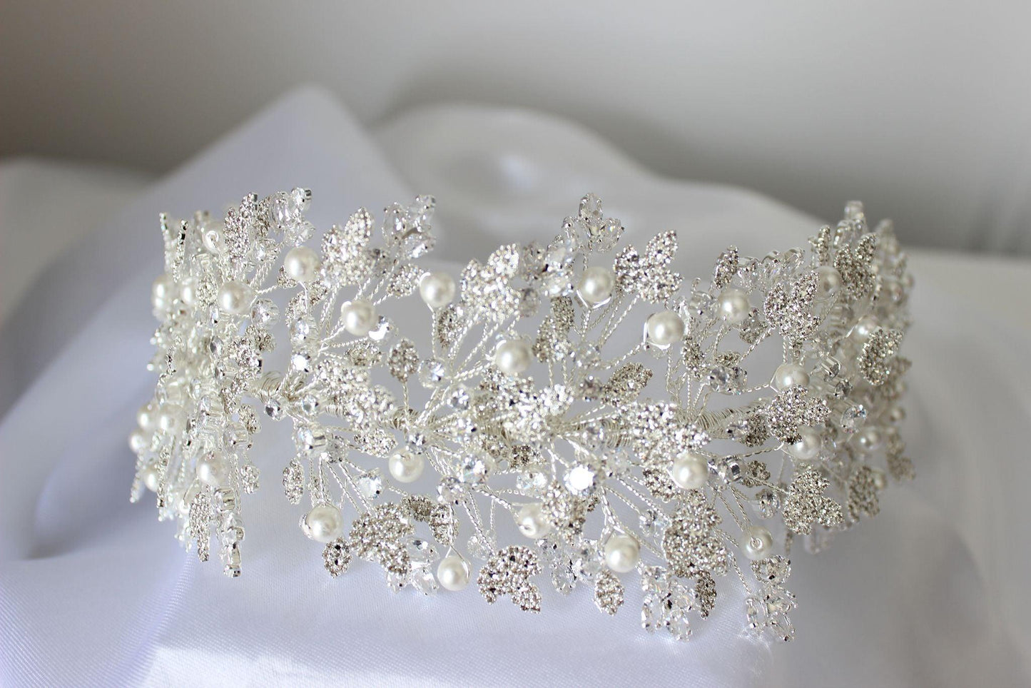 "LUNA" Silver Crystal & Pearl Bridal Headpiece