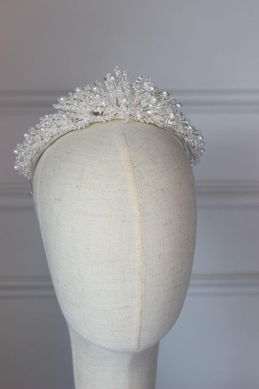 "MIRNA" Pearl & Crystal Bridal Crown - Silver