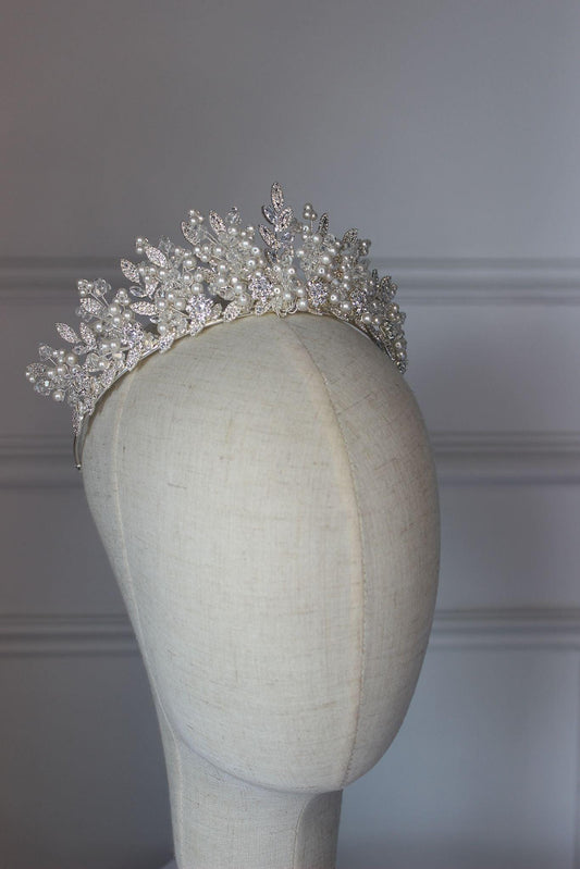 "ANDREA" Crystal & Pearl Bridal Crown - Silver