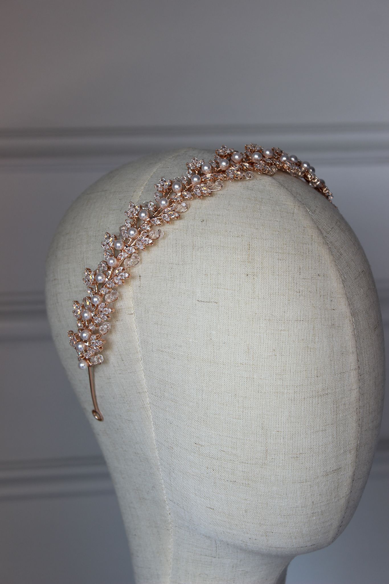 "GEMMA" Pearl & Crystal Bridal Headband - Rose Gold