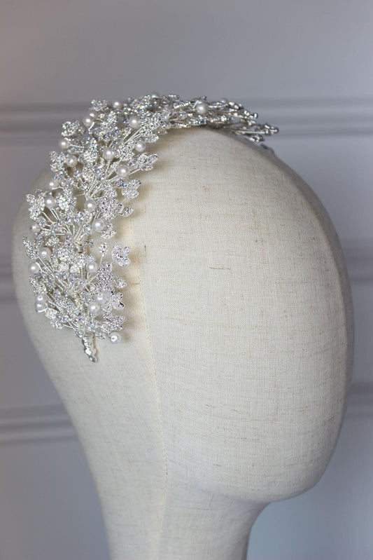 "LUNA" Silver Crystal & Pearl Bridal Headpiece