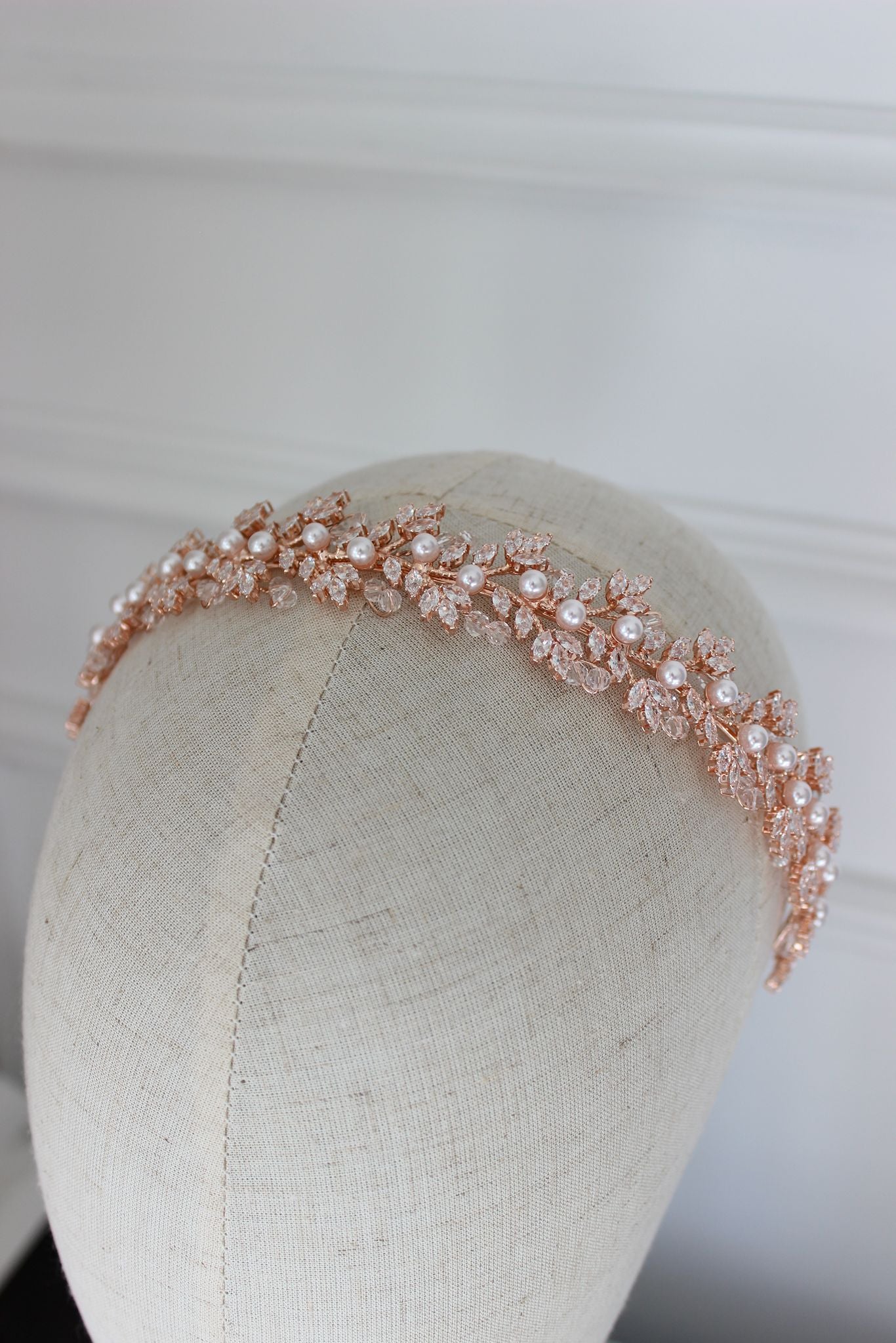 "GEMMA" Pearl & Crystal Bridal Headband - Rose Gold