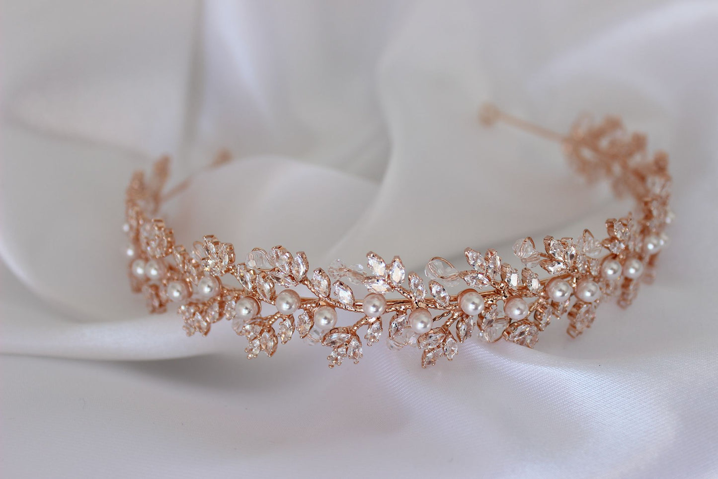 "GEMMA" Pearl & Crystal Bridal Headband - Rose Gold