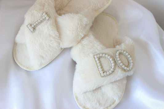 Ivory Pearl Embellished Bridal Slippers "I DO"