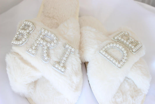 Ivory Pearl Embellished Bridal Slippers "BRIDE"