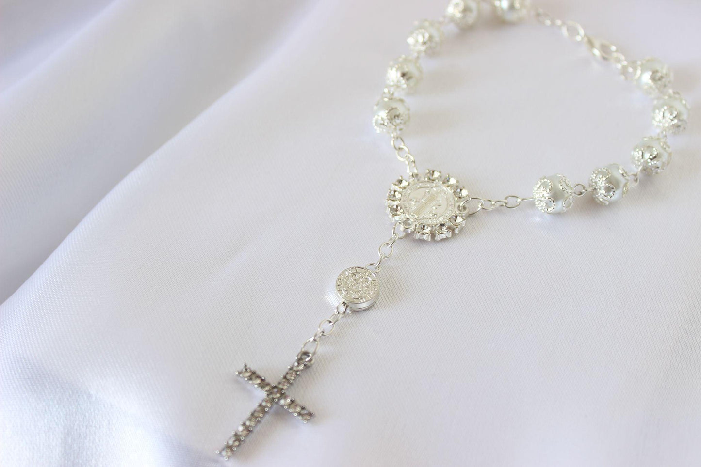 Amore Collective single strand bridal rosary bracelet.