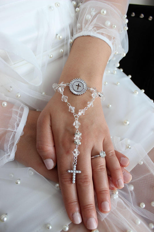 Bridal Rosary Bracelet with Drop Chain & Cross Emblem
