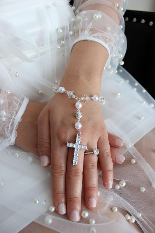 Amore Collective crystal and pearl single strand bridal rosary bracelet.