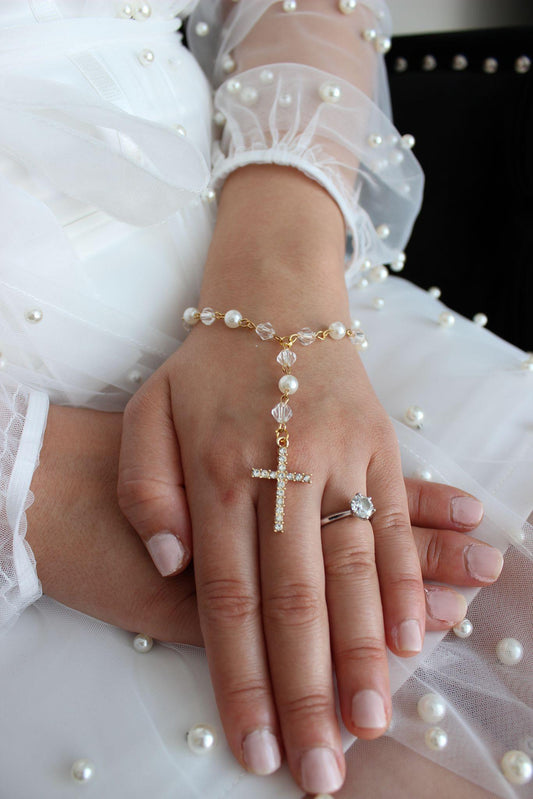 Bridal Rosary Bracelet Single Strand Crystal & Pearl (Gold)