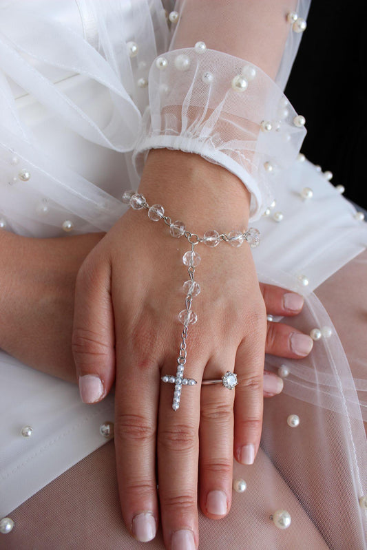 Bridal Rosary Bracelet with Crystals and Pearl Cross (No Emblem)
