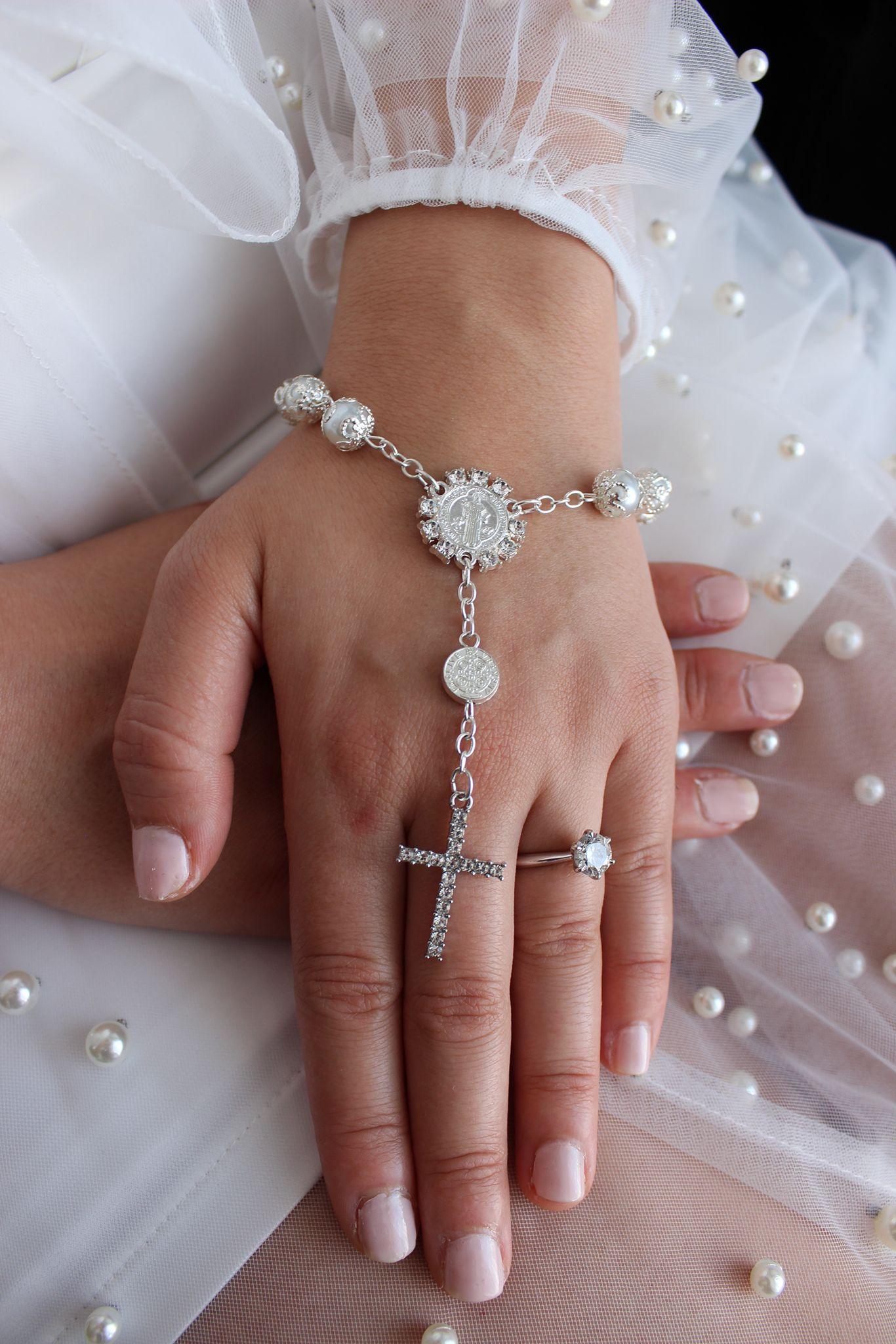 Amore Collective single strand bridal rosary bracelet.