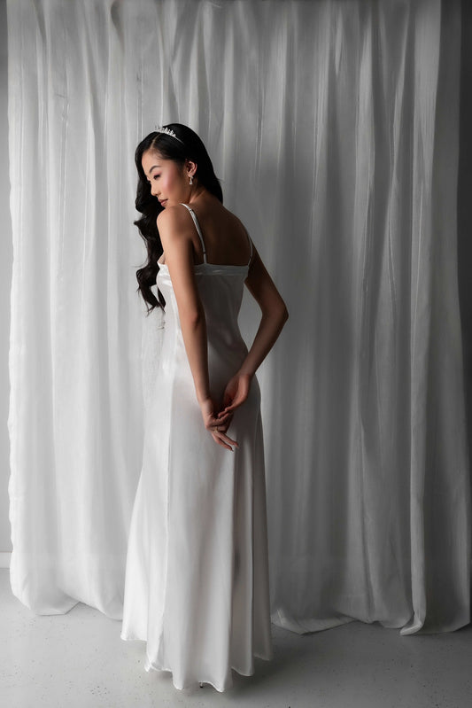 Maxi bridal slip dress on model