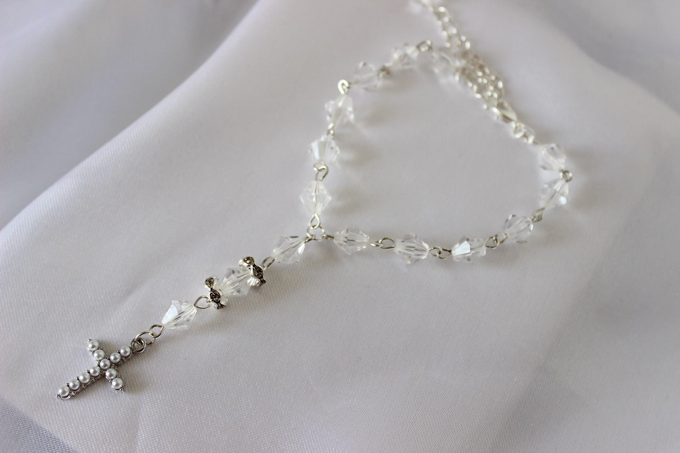 Bridal Rosary Bracelet with Bicone Crystals and Pearl Cross 