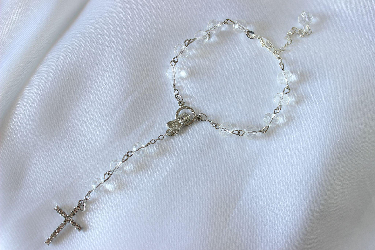 Bridal Rosary Bracelet Single Strand With Silver Cross