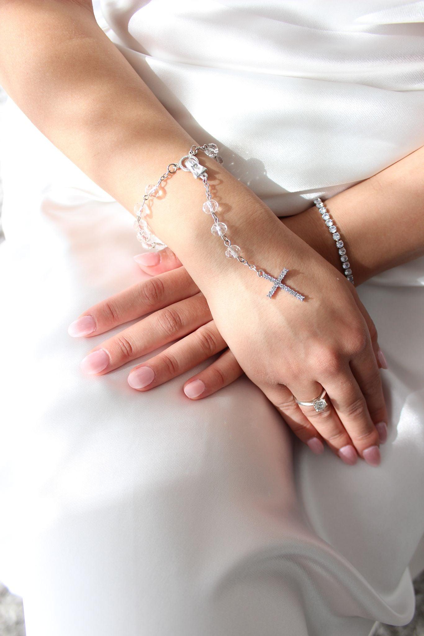 Bridal Rosary Bracelet Single Strand With Silver Cross