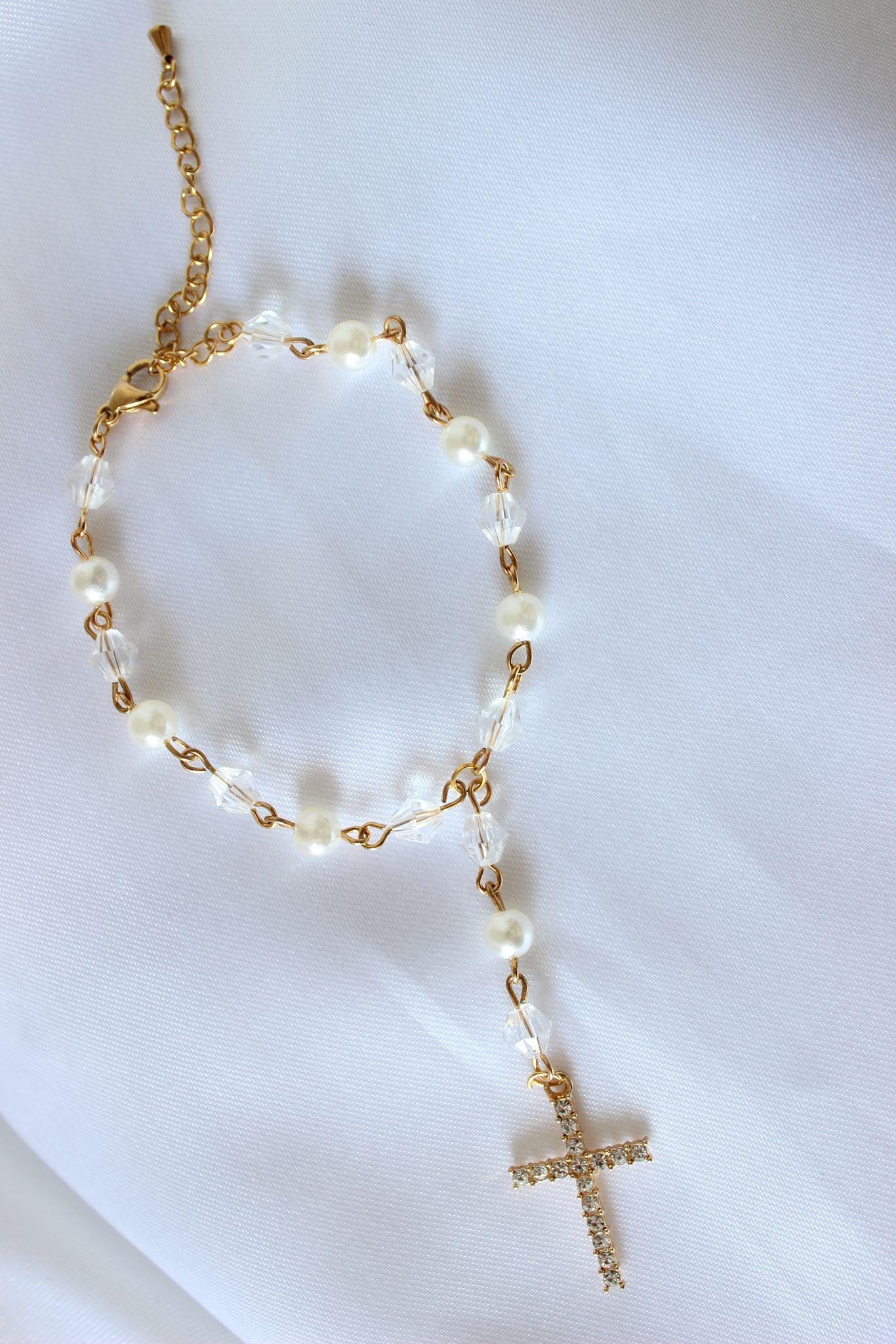 Bridal Rosary Bracelet Single Strand Crystal & Pearl With Gold Cross