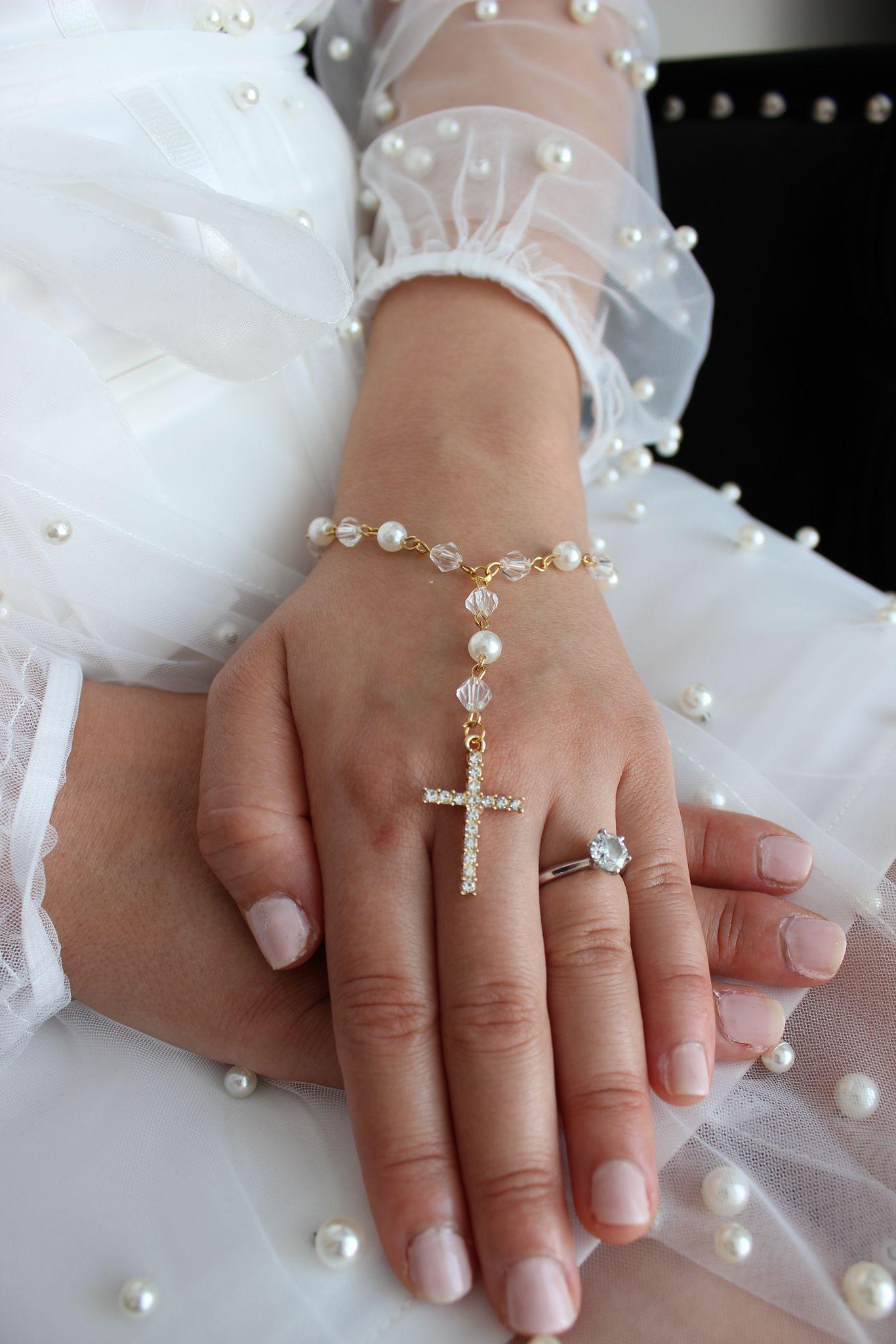 Bridal Rosary Bracelet Single Strand Crystal & Pearl With Gold Cross